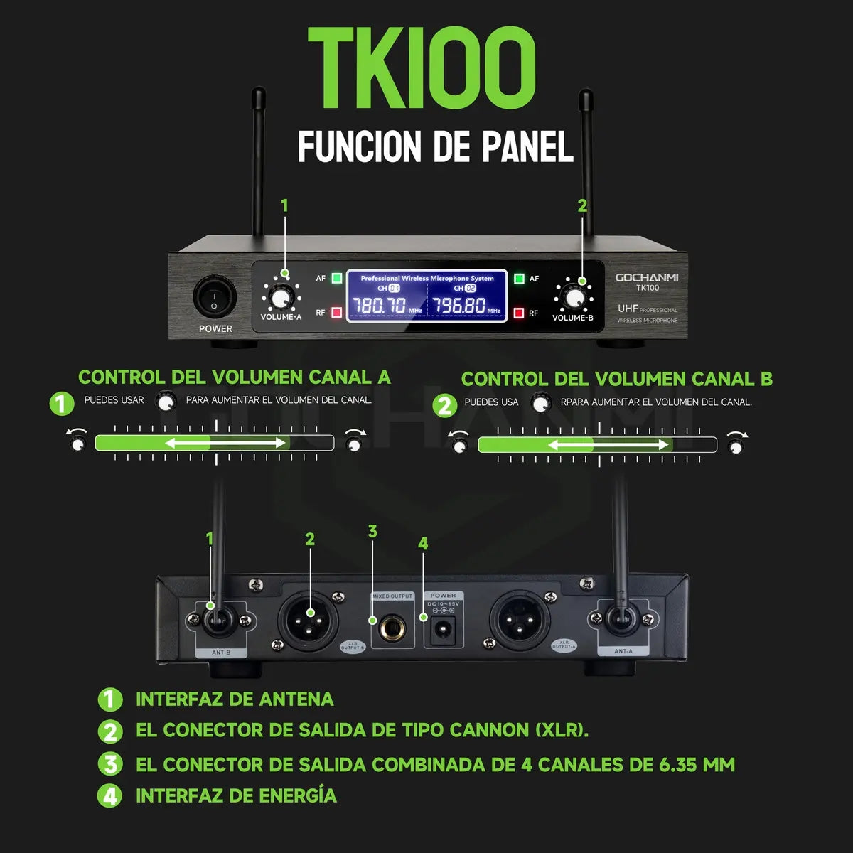 Micrófonos inalámbricos Gochanmi TK100, 2 canales UHF