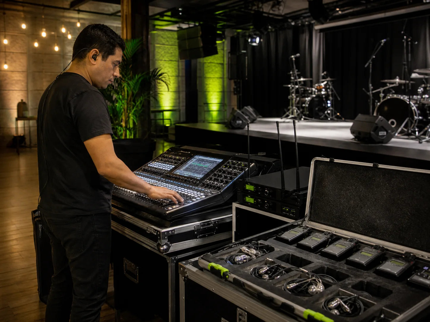 Técnico preparando equipo profesional de audio